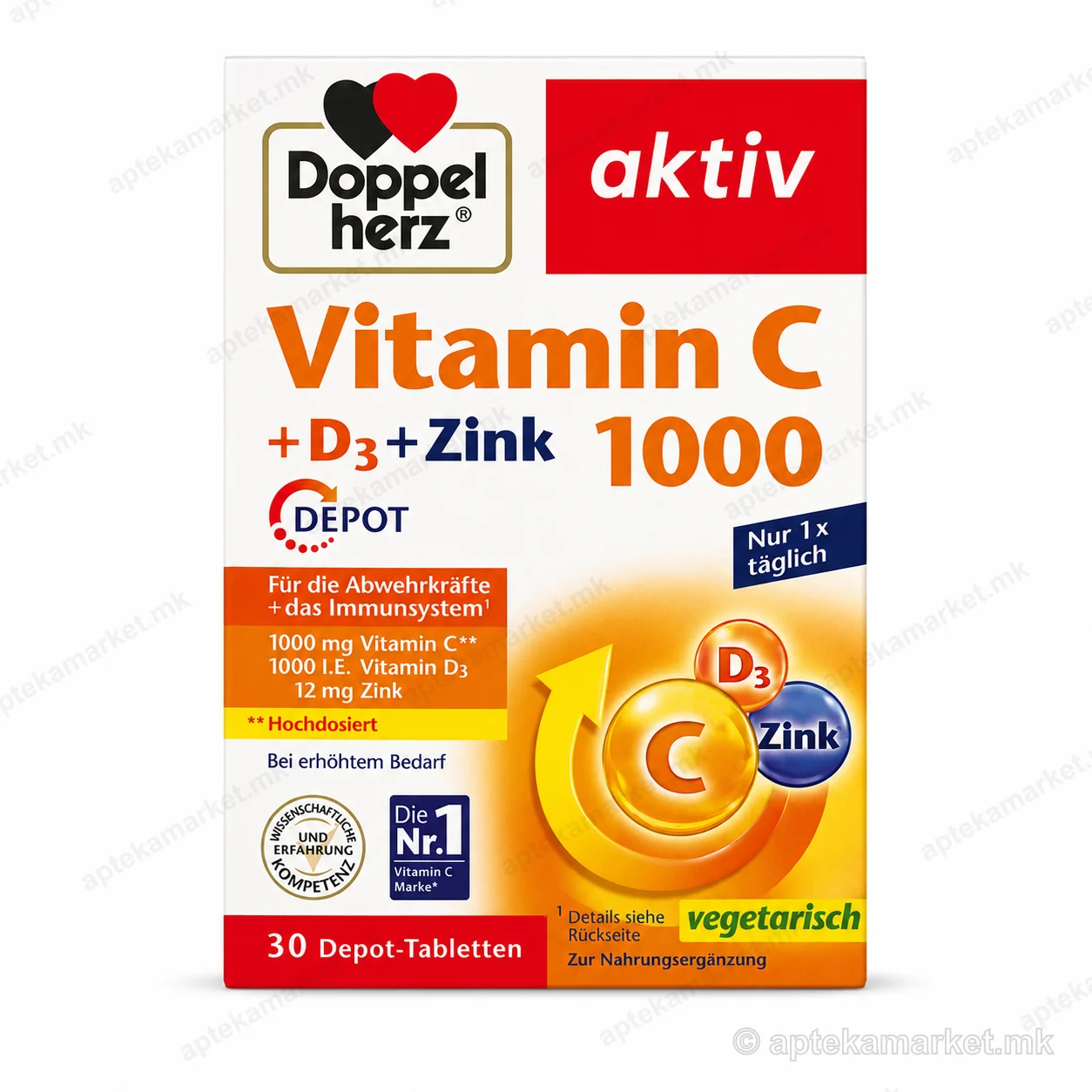 Doppelherz aktiv Vitamin C 1000 + D3 + Zinc 30 tabletëa paketim, AptekaMarket