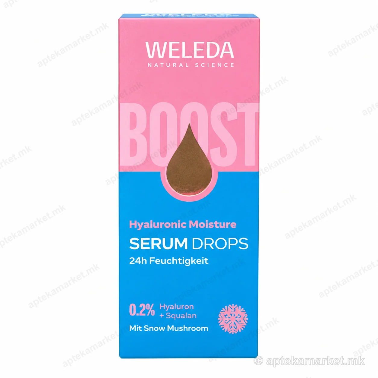 Weleda Boost Hyaluronic Moisture Serum Drops од Weleda пакување на бела позадина