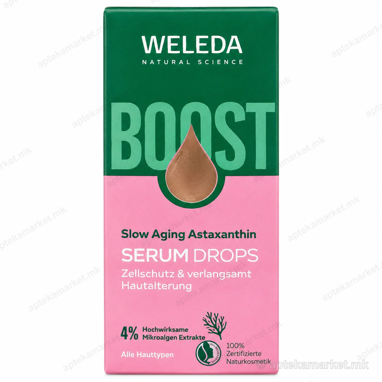 Weleda Boost Slow Aging Astaxanthin Serum Drops од Weleda пакување на бела позадина